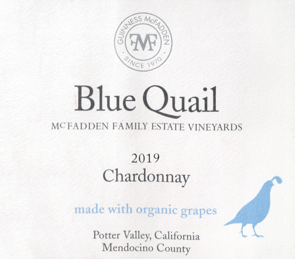 Blue Quail Chardonnay Potter Valley   Organic 2019