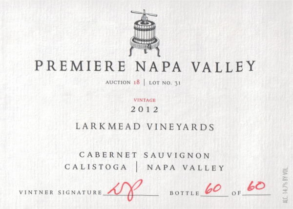 Premiere Napa Valley Larkmead 2012 Calistoga Cabernet Sauvignon (5 Cs Made) 2012