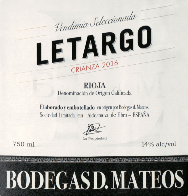 Bodegas D Mateos Rioja Letargo Crianza 2016